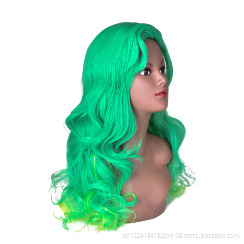 long loose wave machine made green synthetic wig in stock